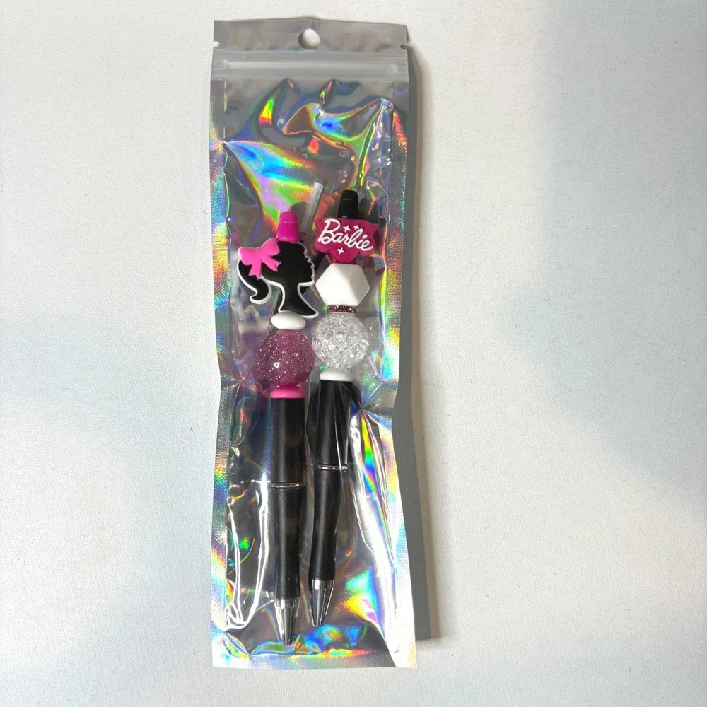 Barbie Beaded Pen Set 2 Pack Pink Black Silhouette Logo Stationery New